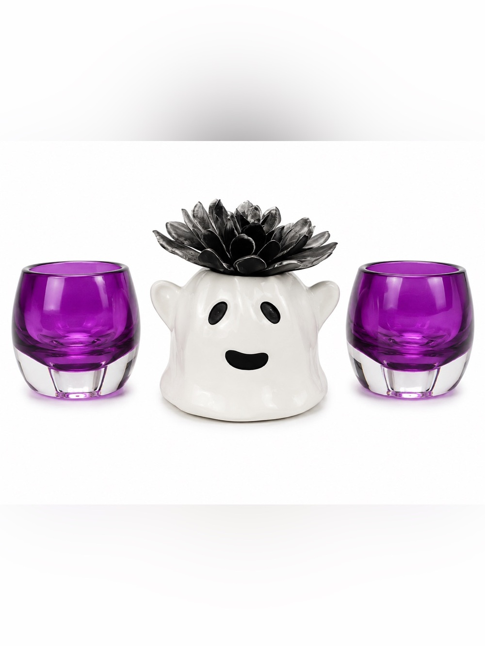 Ceramic Ghost Planter with Black Succulent Accent - White